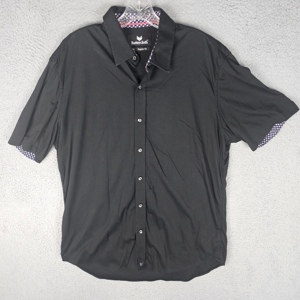 Buttercloth Button Down Mens XL Black Short Sleeve Regular Fit Knit Cotton Shirt